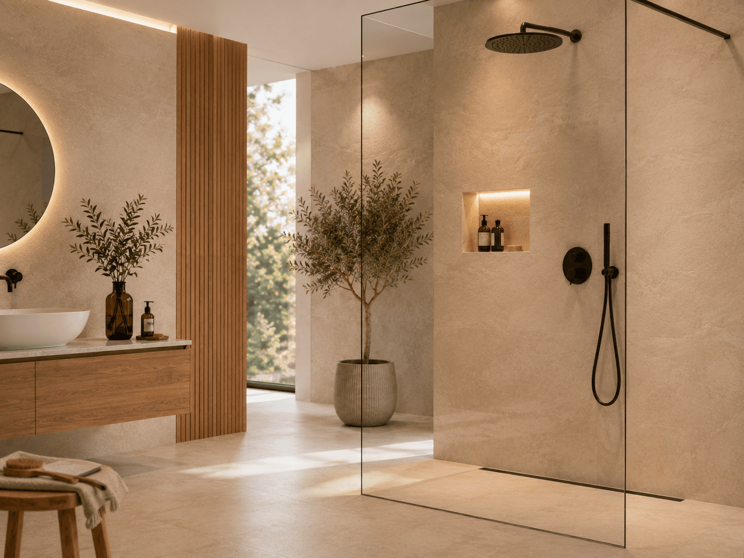 Begehbare Dusche mit Regenbrause und Handbrause